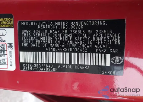 2007 Toyota Camry Le z USA, uszkodzony, nr VIN 4T1BE46K57U038462